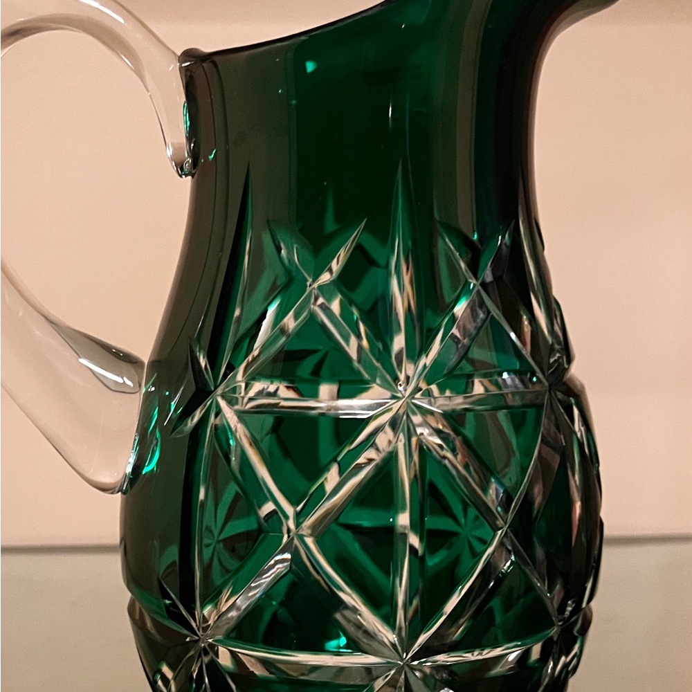 Emerald Green Glass Art Pitcher with Diamond Pattern